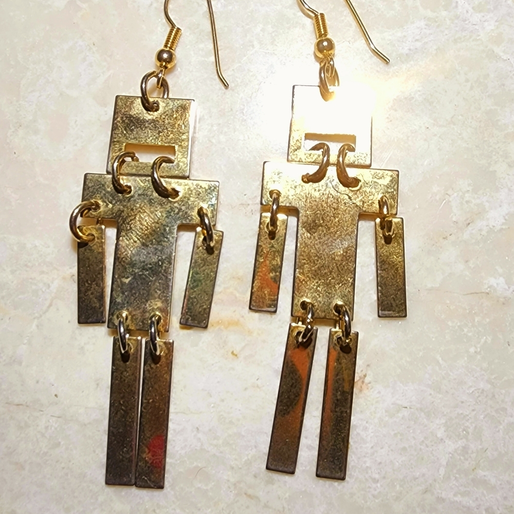 Y2K gold robot articulating dangle earrings